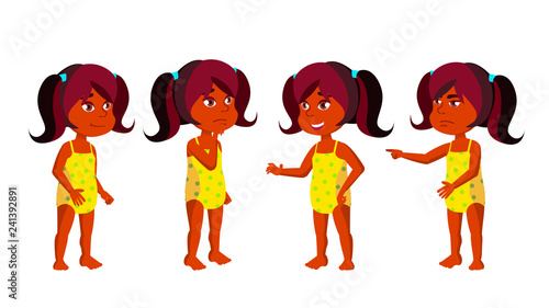 Indian Girl Kindergarten Kid Poses Set Vector. Hindu. Undressed. Summer Vacation. Beach, Pool, Water Park. For Presentation, Print, Invitation Design. Isolated Cartoon Illustration