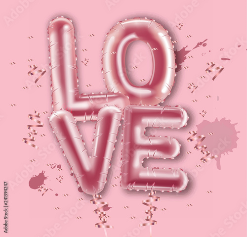 Love balloon foil text Vector realistic. Valentine day card. 3d detailed illu...