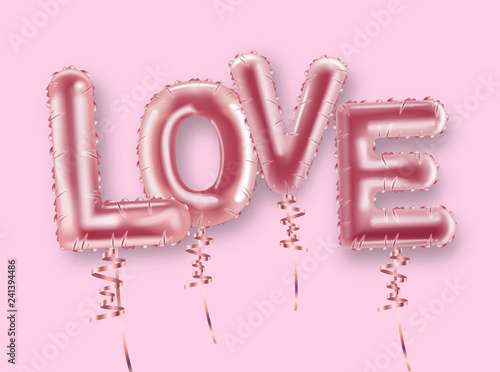 Love balloon foil text Vector realistic. Valentine day card. 3d detailed illu...