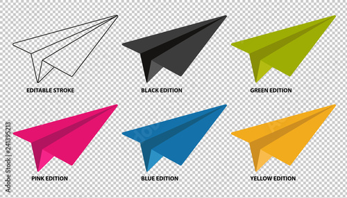 Paper Airplane Set - Editable Stroke And Different Color Editions - Vector Illustration - Isolated On Transparent Background