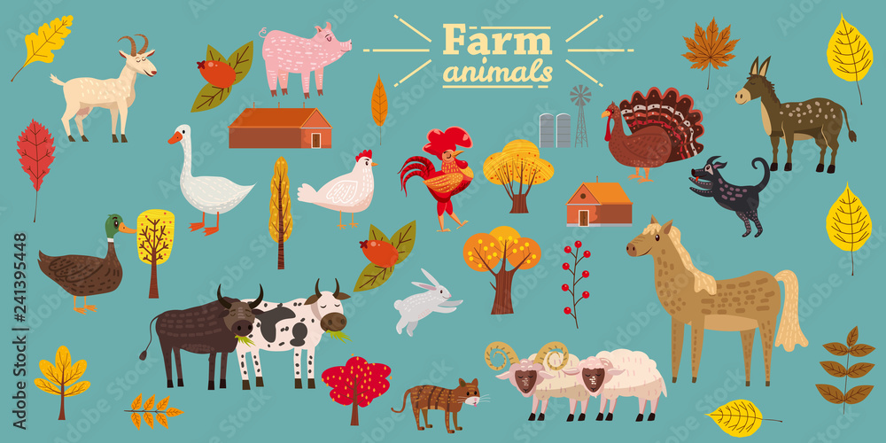 Big set of farm animals, pig, rabbit, cow, bull, cat, dog, goose, duck ...