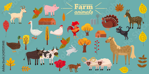 Big set of farm animals, pig, rabbit, cow, bull, cat, dog, goose, duck, turkey, donkey, goat, sheep, ram, modern stylized trees and leaves, autumn, vector, illustration, isolated