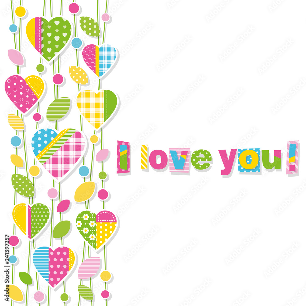 Cute colorful hearts, leaves and dots on branches border, with I love you typography on white background