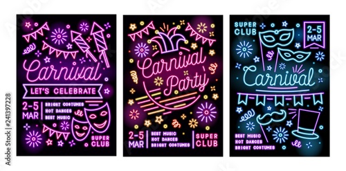 Collection of poster, flyer or invitation templates for masquerade ball, carnival or party with festive masks and decorations drawn with glowing neon lines. Vector illustration in linear style.