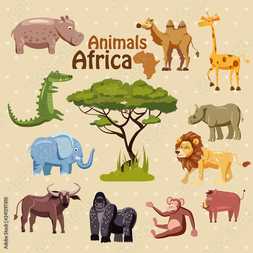 Set of cute African animals stickers, cartoon style, isolated, vector, illustration