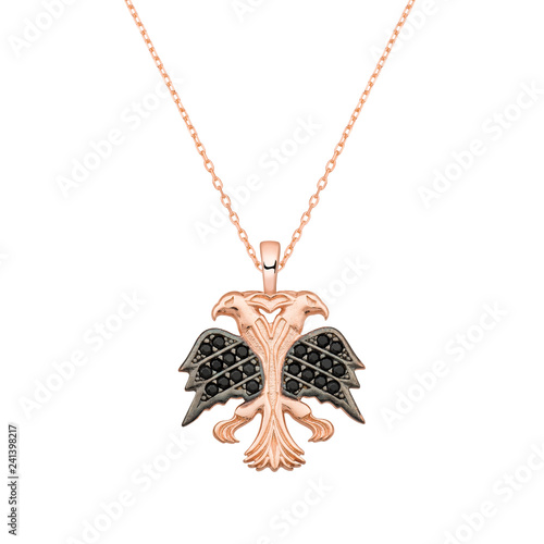 Dual head eagle necklace with onyx gemstone; rose gold plated