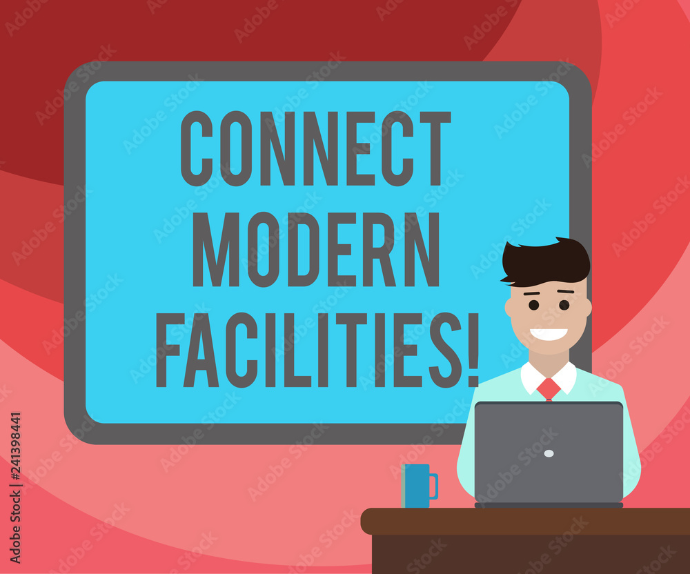 Text sign showing Connect Modern Facilities. Conceptual photo Business Technology Internet and network concept Blank Bordered Board behind Man Sitting Smiling with Laptop Mug on Desk Text sign showing Connect Modern Facilities. Conceptual photo Business Technology Internet and network concept Blank Bordered Board behind Man Sitting Smiling with Laptop Mug on Desk