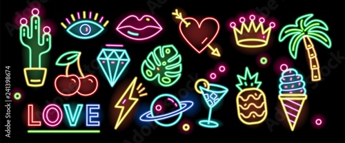 Bundle of symbols, signs or signboards glowing with colorful neon light isolated on black background. Collection of trendy design elements or decorations. Bright colored vector illustration.