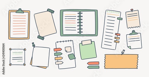 Bundle of notepads and paper sheets attached with pushpins and adhesive tape for making writing notes isolated on white background. Collection of decorative design elements. Vector illustration.