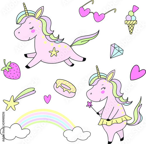 Cute set of fabulous unicorns with doodles vector image