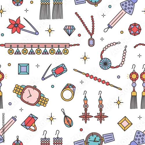 Seamless pattern with fashionable jewelry items on white background - earrings, necklace, bracelet, gemstones, wristwatch. Colorful vector illustration in line art style for wrapping paper, wallpaper.