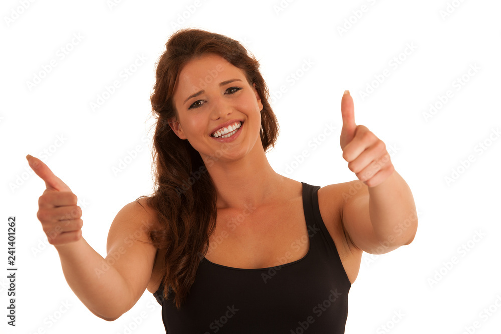 Beautiful young brunette woman gesturing success with thumb up isolated over white background Beautiful young brunette woman gesturing success with thumb up isolated over white background