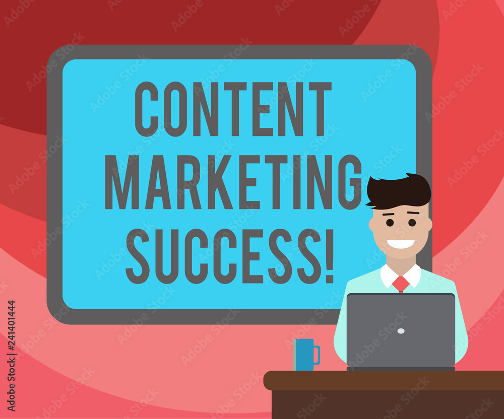 Text sign showing Content Marketing Success. Conceptual photo Improves brand awareness and recognition Blank Bordered Board behind Man Sitting Smiling with Laptop Mug on Desk Text sign showing Content Marketing Success. Conceptual photo Improves brand awareness and recognition Blank Bordered Board behind Man Sitting Smiling with Laptop Mug on Desk