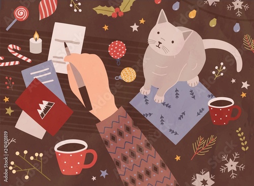 Christmas card template with hand holding pen and writing on holiday postcards, cute cat, cup of coffee, sweets, festive seasonal decorations. Colorful vector illustration in flat cartoon style.