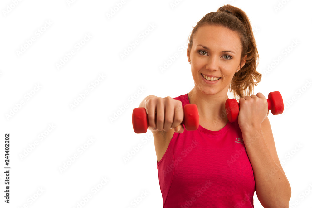 Beautiful young active fit woman workout with dumbbells isolated over white background - fitness Beautiful young active fit woman workout with dumbbells isolated over white background - fitness