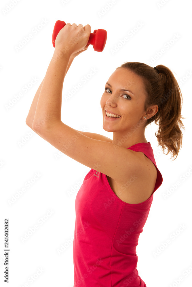 Beautiful young active fit woman workout with dumbbells isolated over white background - fitness