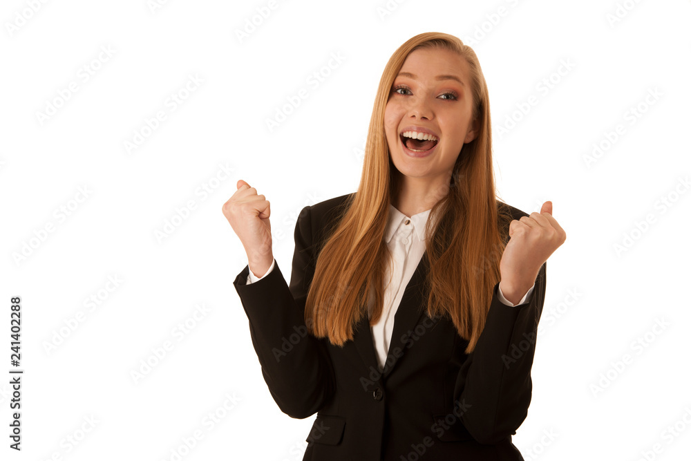 Beauiful business woman gesture success with her arms isolated over white background Beauiful business woman gesture success with her arms isolated over white background