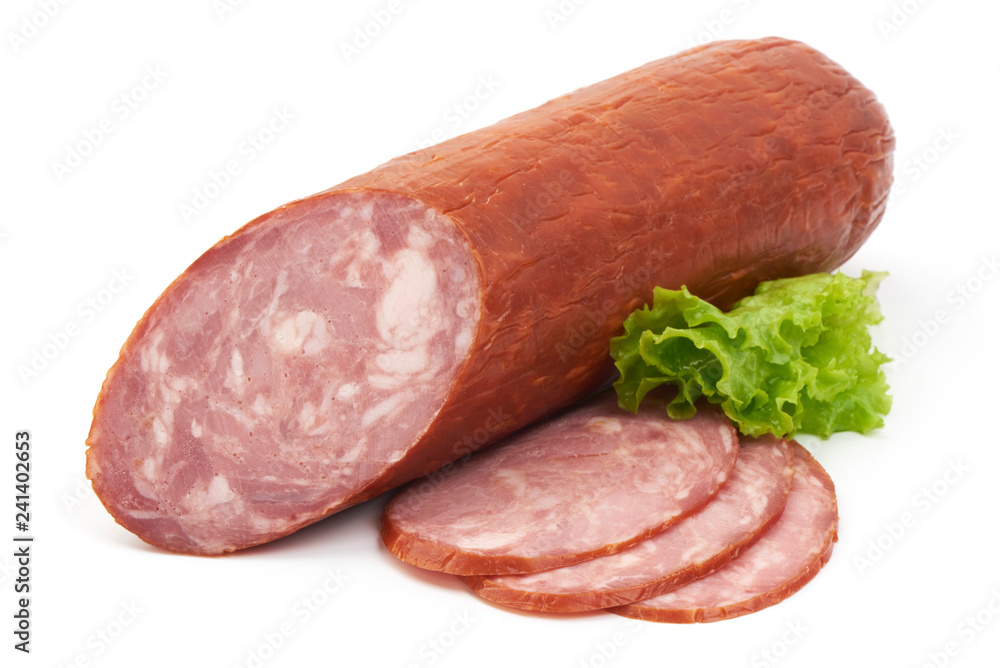 Sliced Ham Sausage with lettuce, close-up, isolated on a white background