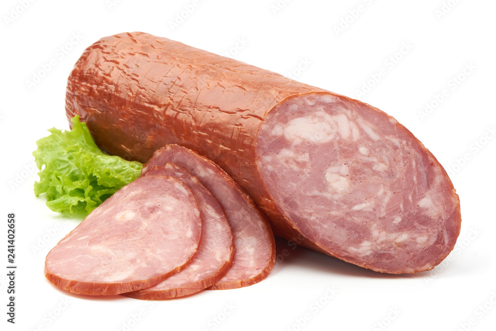 Pork Ham Sausage with slices, close-up, isolated on a white background Pork Ham Sausage with slices, close-up, isolated on a white background