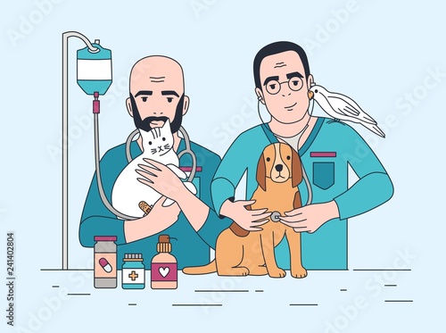 Pair of smiling veterinarians holding cat, dog and parrot. Happy vets with pets. Doctors working in veterinary clinic and curing domestic animals. Colorful vector illustration in line art style.