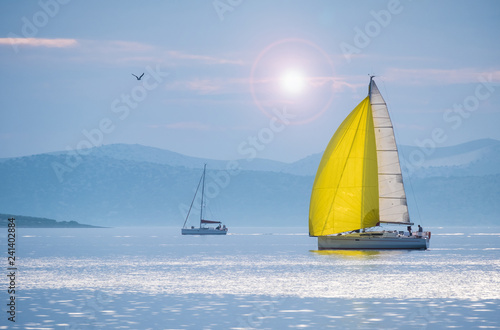 Quadro su tela Sailing boat with yellow spinnaker sailing on calm sea