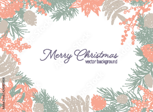 Holiday postcard template with Merry Christmas wish and frame made of conifer...