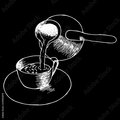 Coffee pouring from cezve to cup. Contour hand drawn sketch. White vector illustration isolated on black background.