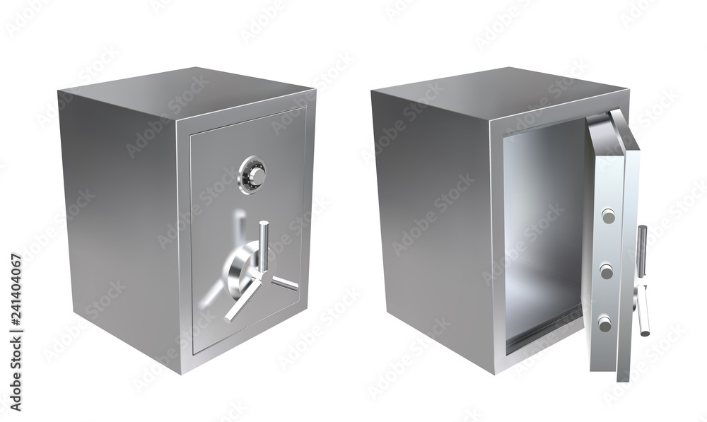 3D Realistic metal safe with opened and closed door. Armored box vector illustration. 3D Realistic metal safe with opened and closed door. Armored box vector illustration.