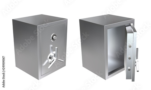 3D Realistic metal safe with opened and closed door. Armored box vector illustration.