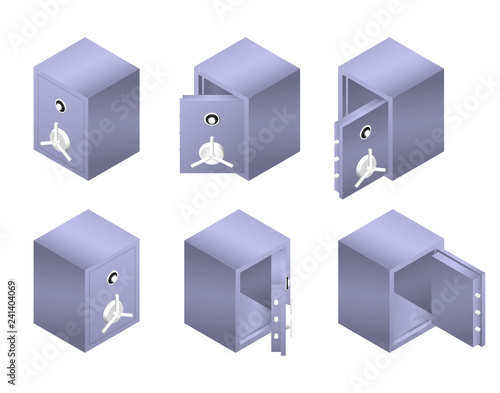 Isometric metal safe with opened and closed door. Armored box vector illustration.