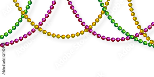 Mardi Gras beads in traditional colors. Decorative glossy realistic elements. Isolated on white background.Vector illustration