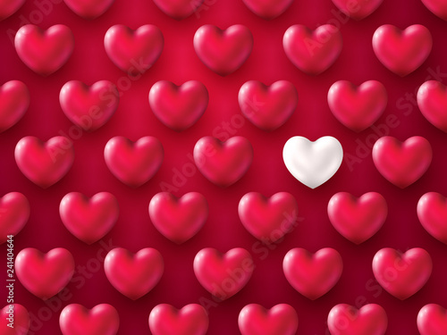 3D Metallic Heart Valentine's Day background. Beautiful realistic shape of red and silver Hearts. Decorative grid layout.