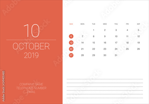 October 2019 desk calendar vector illustration