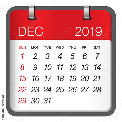 December 2019 monthly calendar vector illustration