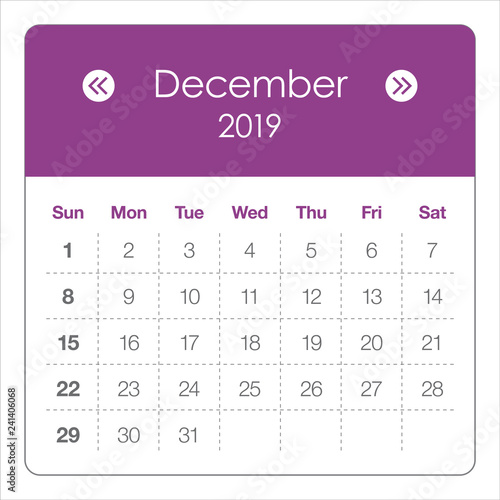 December 2019 monthly calendar vector illustration