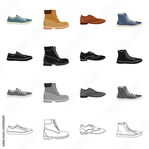 Vector illustration of shoe and footwear sign. Set of shoe and foot stock symbol for web.