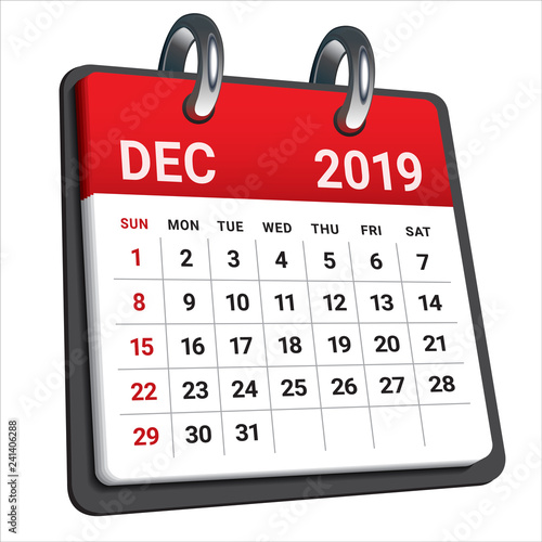 December 2019 monthly calendar vector illustration
