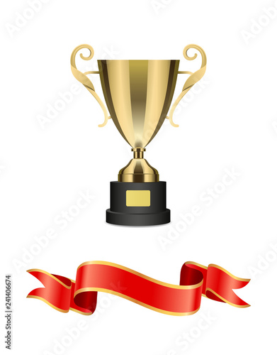 Gold trophy cup with red ribbon vector decoration
