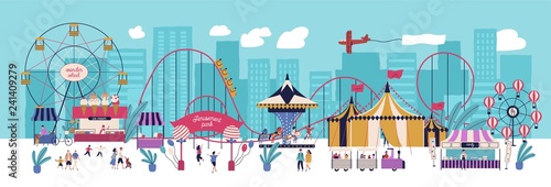 Amusement park with various attractions, circus, ferris wheel, carousel, roller coaster, kiosks with candies and ice cream. City area for recreation and entertainment. Flat vector illustration.