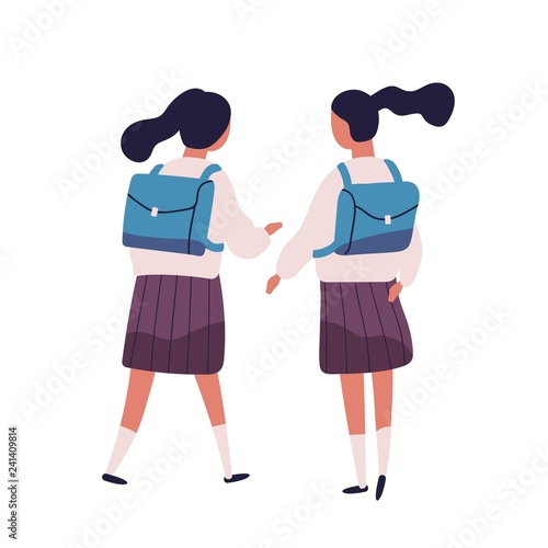 Pair of girls or twin sisters dressed in school uniform. Female students, pupils, classmates, classfellows or friends walking together and talking or chatting, back view. Flat vector illustration.