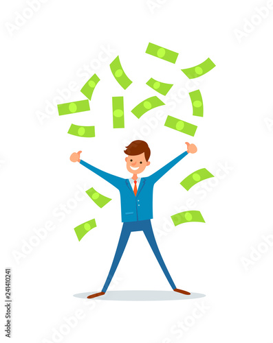 Happy Businessman Making Cash Rain of Money Vector