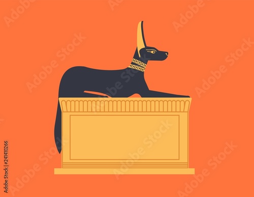 Crouching or recumbent statue of Anubis depicted as wolf or jackal - god, deity or mythological creature. Legendary character from ancient Egypt mythology or religion. Flat vector illustration.