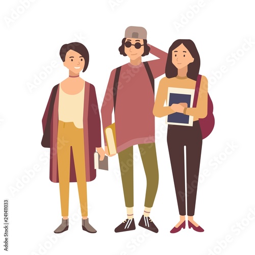 Group of students or pupil isolated on white background. School or university friends standing together. Teenage boy and girls holding textbooks. Colorful vector illustration in flat cartoon style.