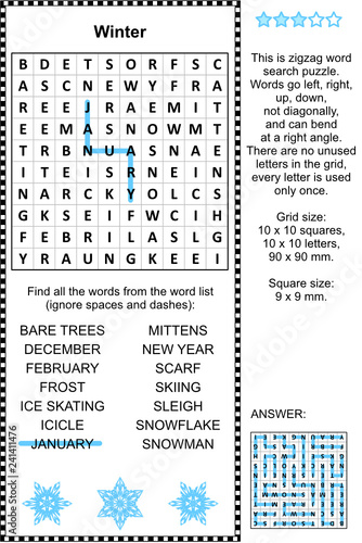 Winter themed zigzag word search puzzle (suitable both for kids and adults). Answer included.
