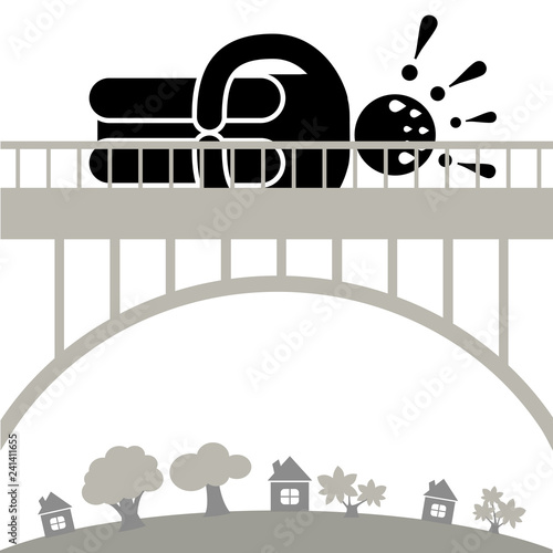 Gefirofobia. Man is afraid to cross the bridge. Fear of Heights. Character fell in a panic attack. Logo, icon, silhouette, sticker, sign. 