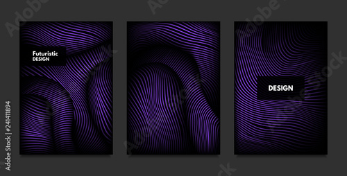Distortion of Stripes. Abstract Backgrounds with Vibrant Gradient and Wave Lines. Ultraviolet Cover Templates Set with Volume and Metallic Effect. Distorted Shapes for Business Presentation, Brochure. © ingara