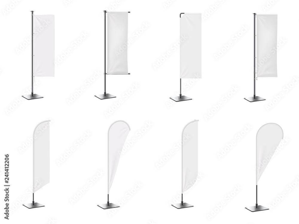 Fotografie Realistic banner flag 3d mockup on white backdrop. White  empty