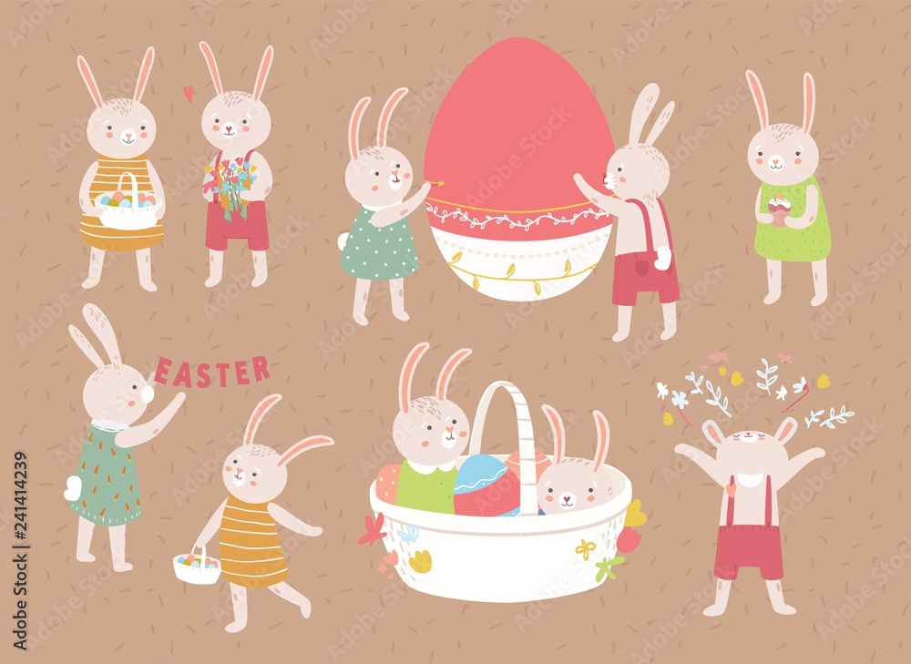 Bundle of adorable Easter rabbits or bunnies isolated on white background. Set of cute animals celebrating spring religious holiday, decorating giant egg, carrying flowers. Flat vector illustration.