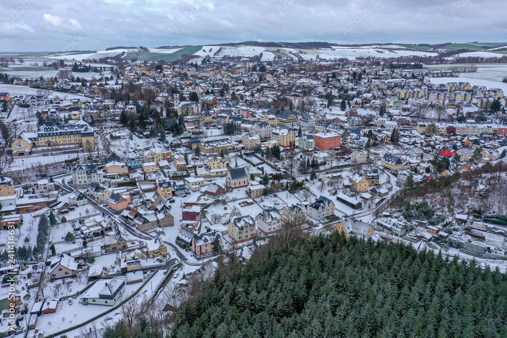 aerial view of a small town in saxony, germany - Hartenstein covered with snow