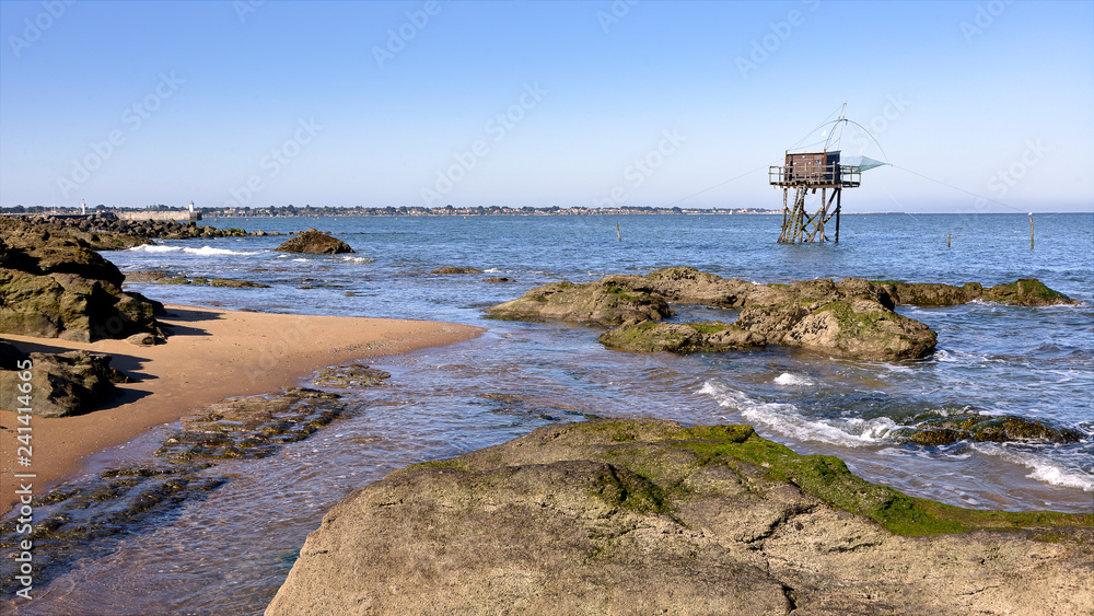 Fishing carrelets from Saint-Michel-Chef-Chef at low tide in Pays de la Loire region in western France